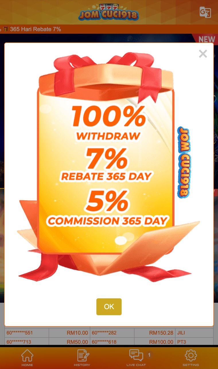 Jomcuci918 promotional pop-up advertising 100% withdraw, 7% rebate over 365 days and 5% commission over 365 days, captured 13 August 2026